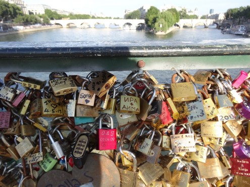 Locks on the bridge behind Notre-Dame, pledging lasting love